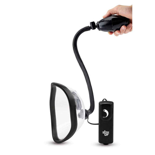 Side view of the Size Up Vibrating Pussy Pump with one hand on the pump on a white background | Flirty Bay, sex toys and pussy pumps, Perth Australia