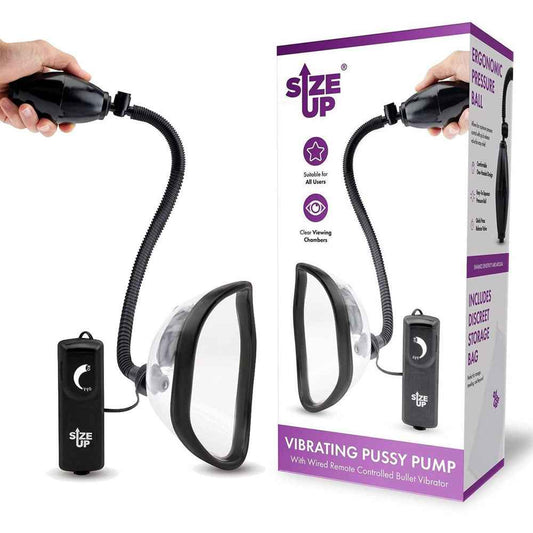 Side view of the Size Up Vibrating Pussy Pump with packaging on a white background | Flirty Bay, sex toys and pussy pumps, Perth Australia