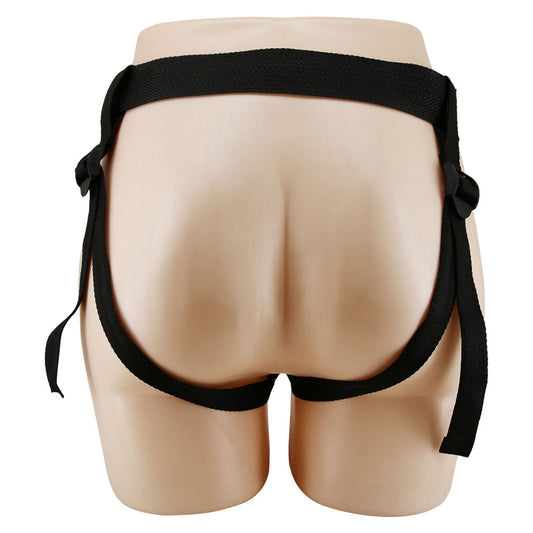 Back view of strap-on on flesh mannequin showing harness on a clear white background | Flirty Bay, sex toys for couple Australia