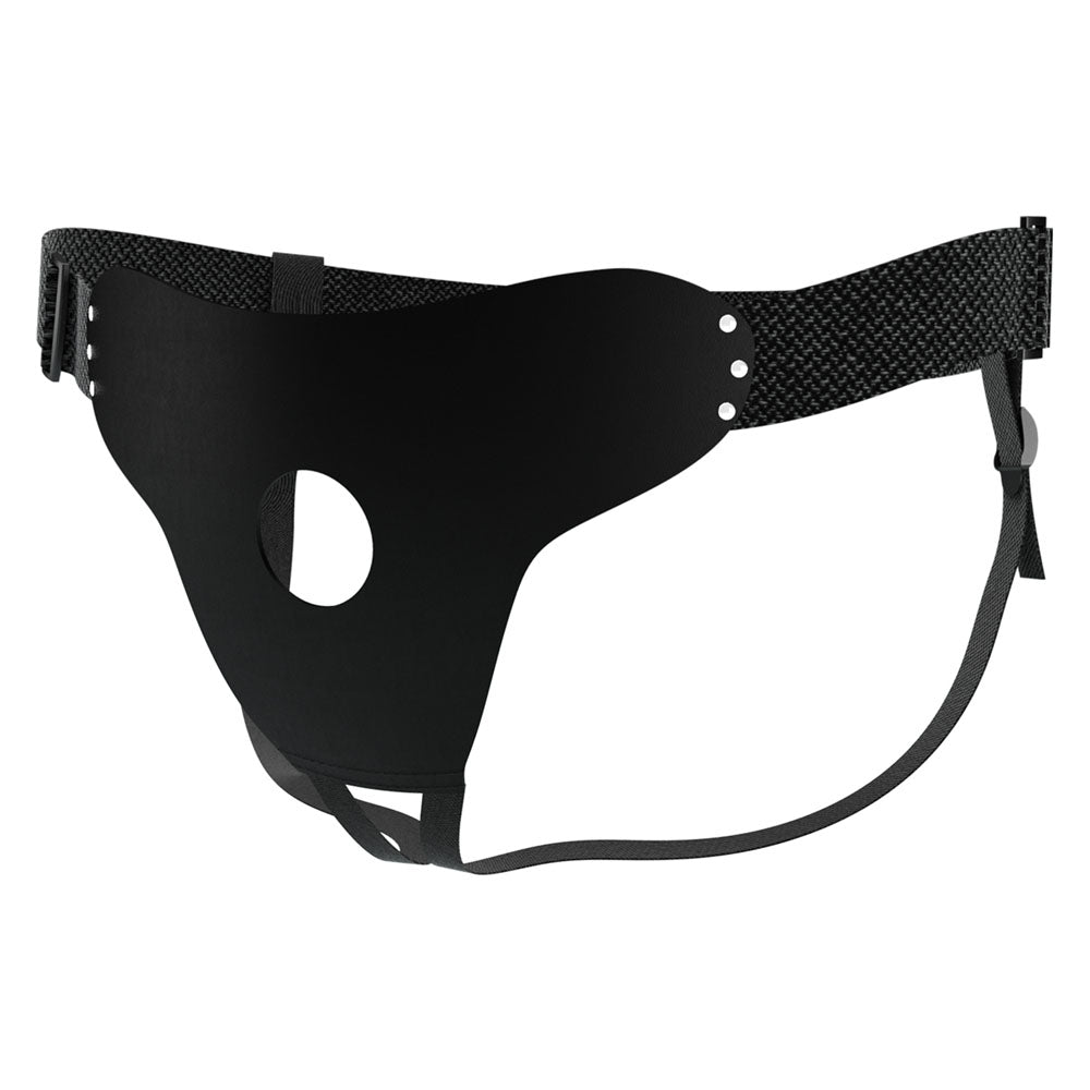 Side view of black strap-on on clear white background | Flirty Bay, sex toys for couple Australia