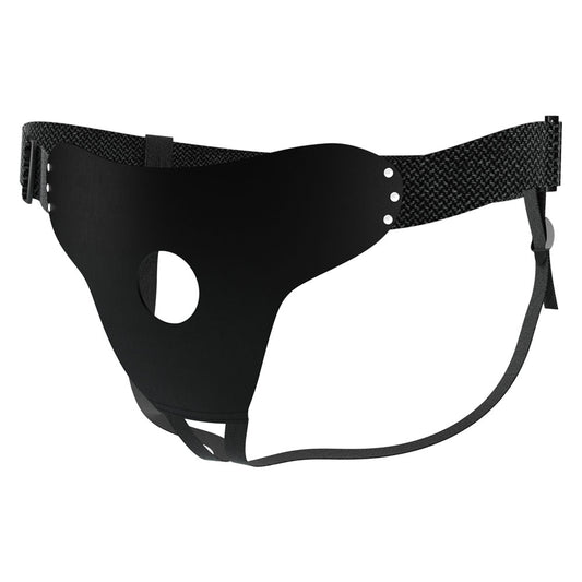 Side view of black strap-on on clear white background | Flirty Bay, sex toys for couple Australia