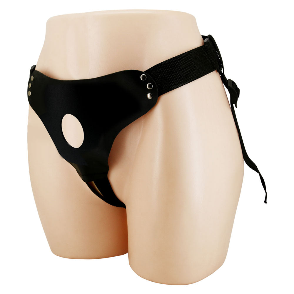 Side view of black strap-on on flesh mannequin, on white background | Flirty Bay, sex toys for couple Australia