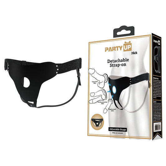 Side view of black strap-on with packaging on white background | Flirty Bay, sex toys for couple Australia