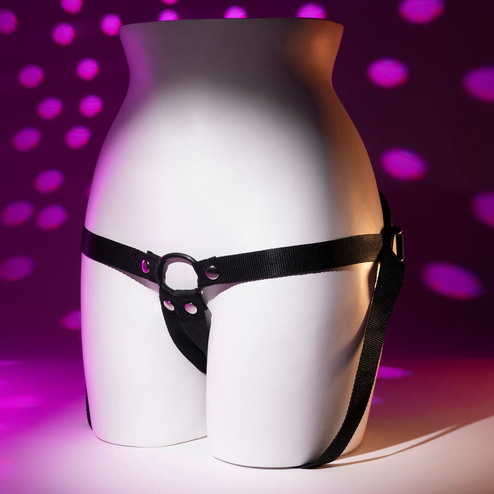 harness only on mannequin, O-ring visible, pink and purple disco background | Flirty Bay adult store Australia