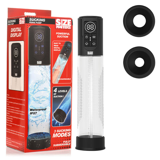 Clear sucking penis pump with digital display and silicone sleeves for intense male stimulation | Flirty bay online adult store, adult toys and lingerie