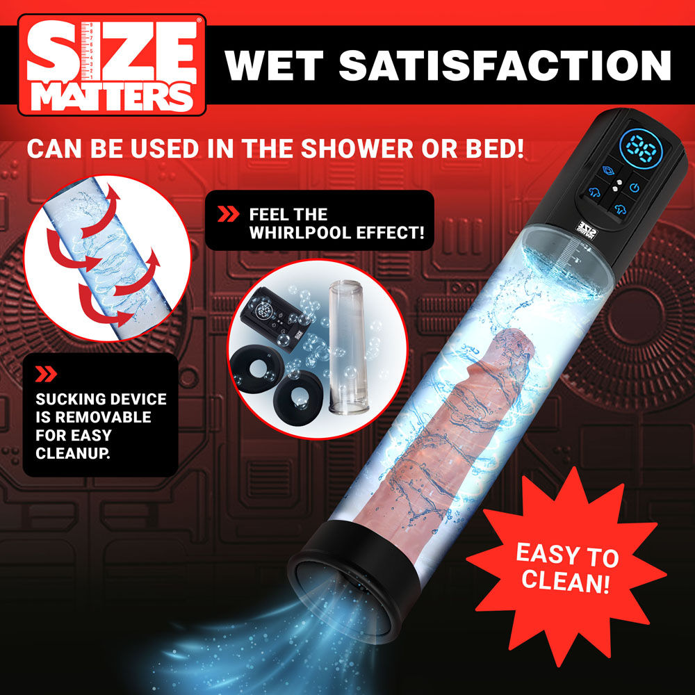 Clear sucking penis pump with digital display and silicone sleeves for intense male stimulation, show it can be used in the shower | Flirty bay online adult store, adult toys and lingerie