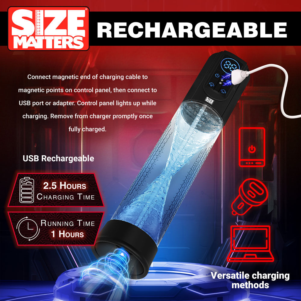 Clear sucking penis pump with digital display and silicone sleeves for intense male stimulation, show rechargeable features | Flirty bay online adult store, adult toys and lingerie