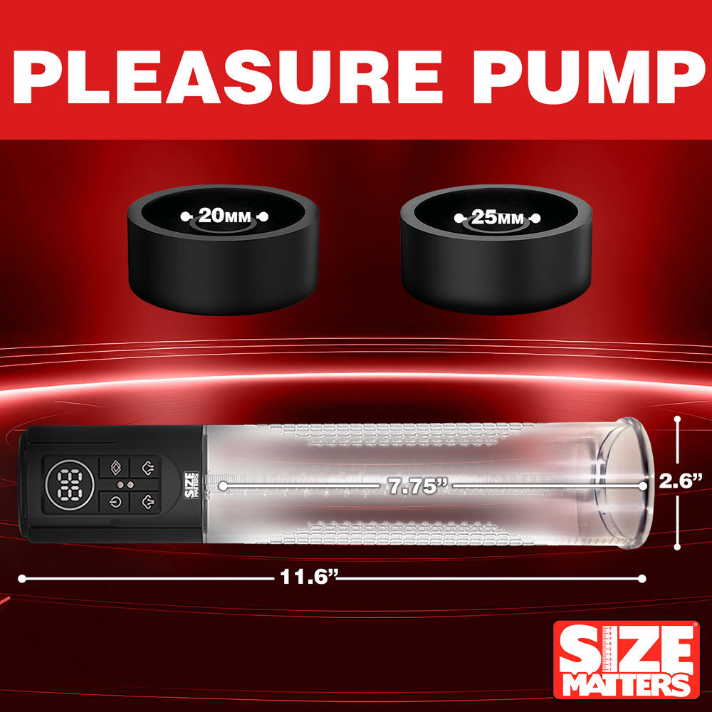 Clear sucking penis pump with digital display and silicone sleeves for intense male stimulation, show sizes | Flirty bay online adult store, adult toys and lingerie