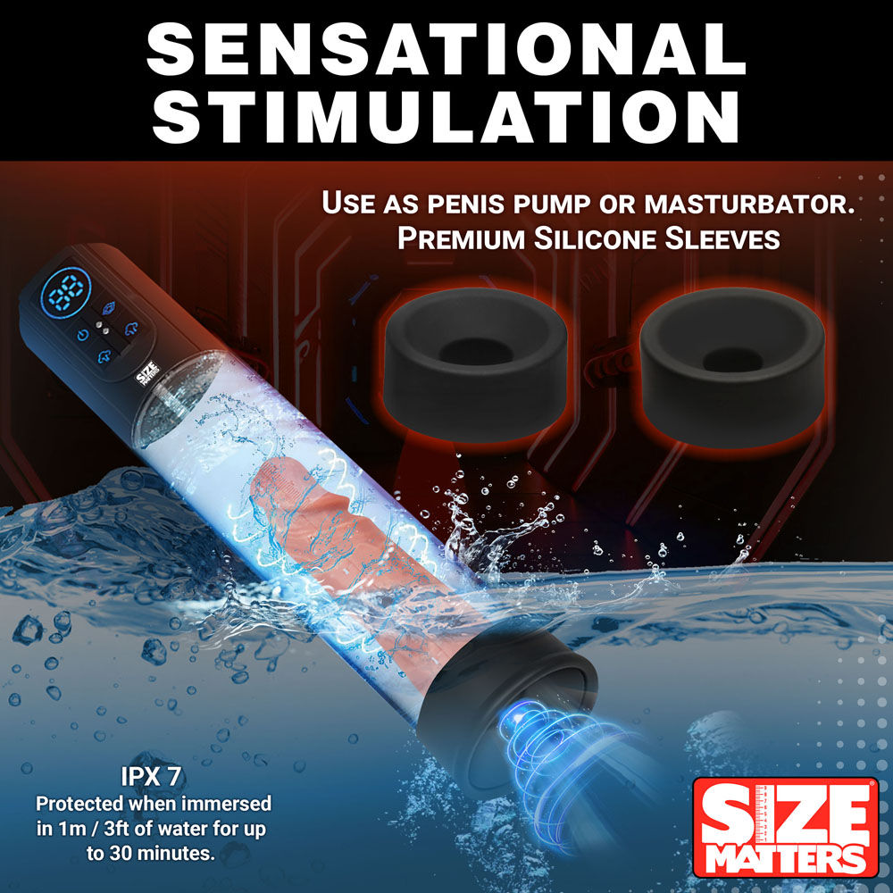 Clear sucking penis pump with digital display and silicone sleeves for intense male stimulation, show waterproof specifications | Flirty bay online adult store, adult toys and lingerie