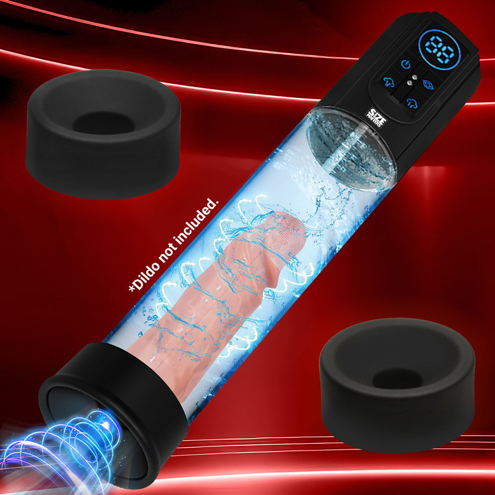 Clear sucking penis pump with digital display and silicone sleeves for intense male stimulation, top | Flirty bay online adult store, adult toys and lingerie