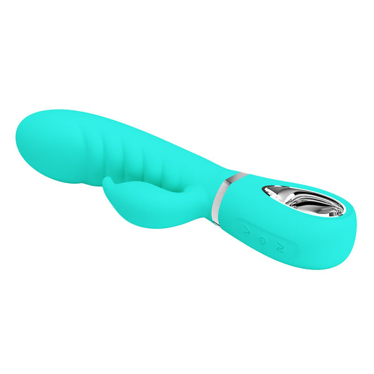 Top side view of Party Up Teal Edward Rabbit Vibrator focusing on buttons on a clear white background | Flirty Bay, sex toys Australia