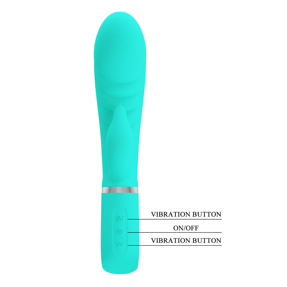Front view of Party Up Teal Edward Rabbit Vibrator showing control buttons  on a clear white background| Flirty Bay, sex toys Australia