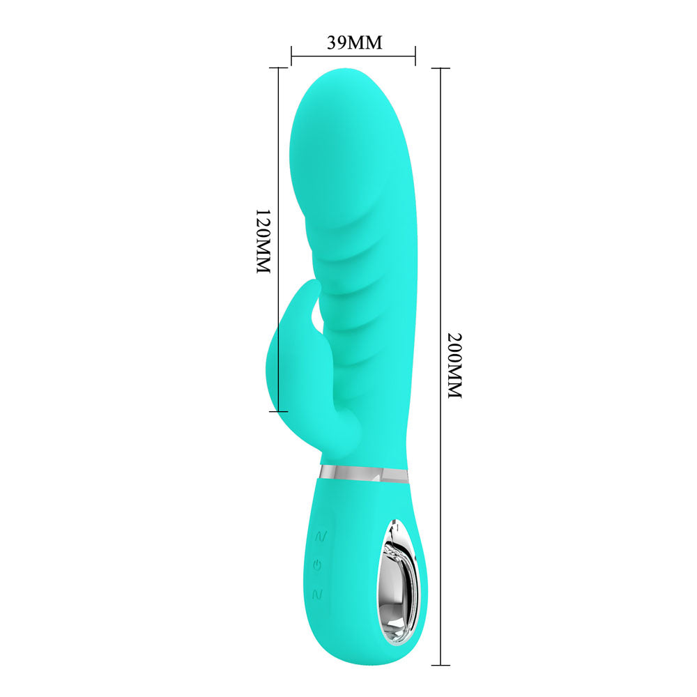 Side view of Party Up Teal Edward Rabbit Vibrator showing measurements on a clear white background | Flirty Bay, sex toys Australia