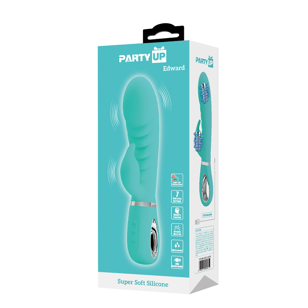 Party Up Teal Edward Rabbit Vibrator packaging on a clear white background | Flirty Bay, sex toys Australia
