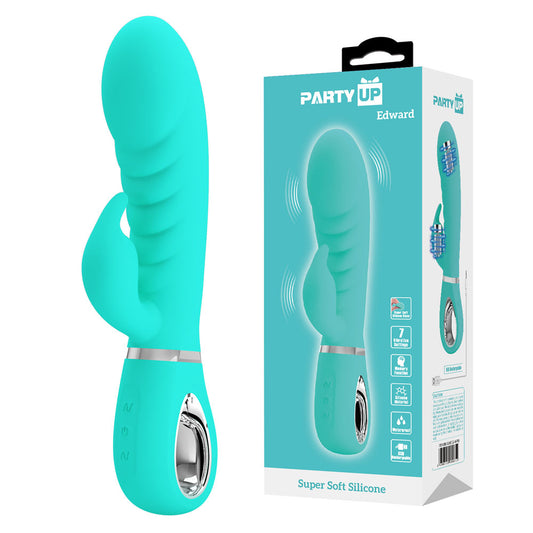 Side view of Party Up Teal Edward Rabbit Vibrator with packaging on a clear white background | Flirty Bay, sex toys Australia