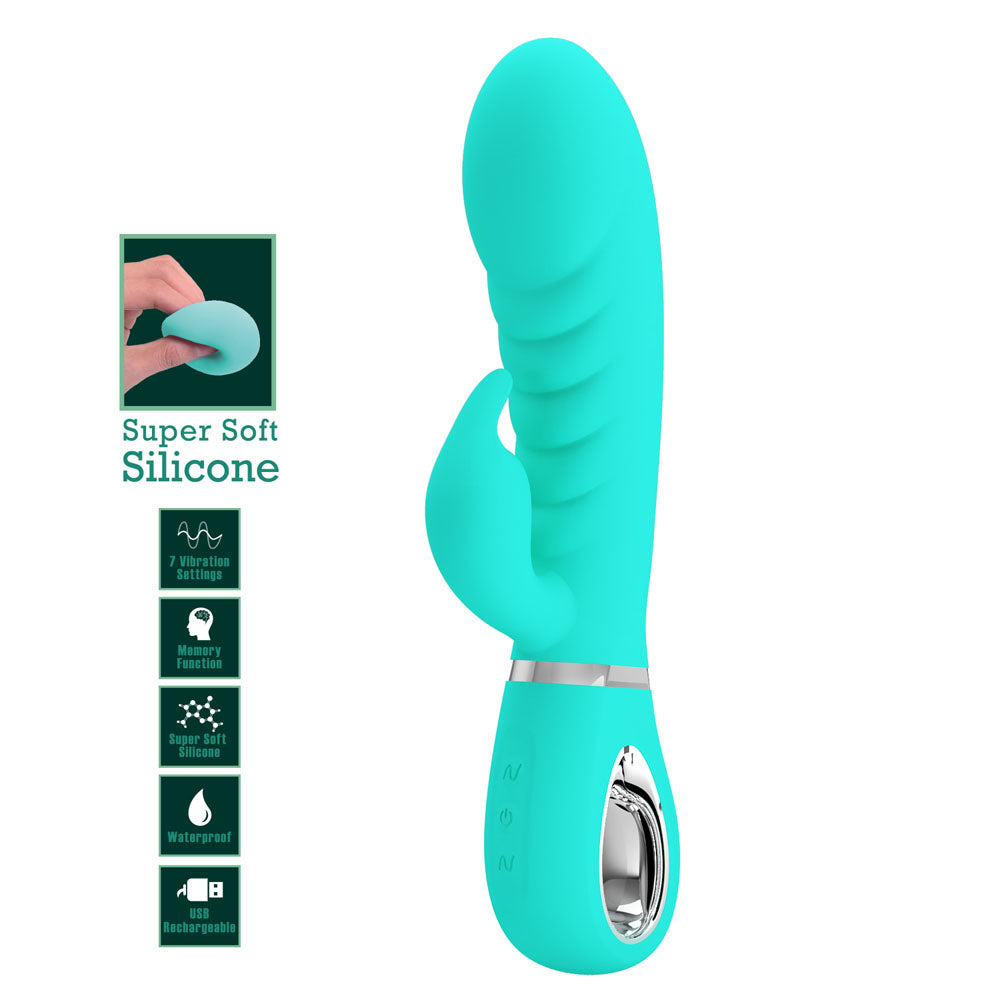 Side view of Party Up Teal Edward Rabbit Vibrator showing product features on a clear white background | Flirty Bay, sex toys Australia
