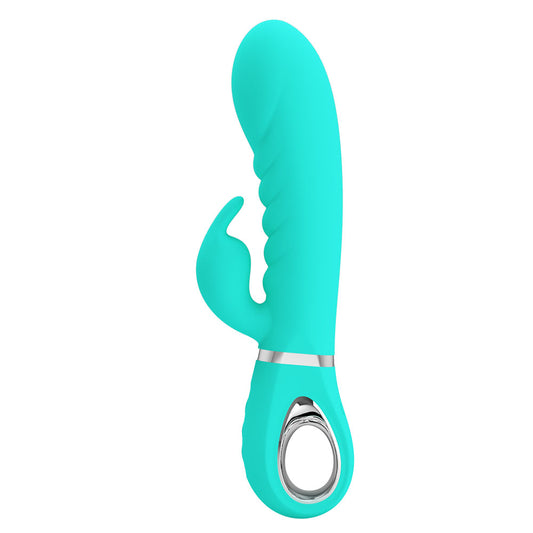 Side view of Party Up Teal Edward Rabbit Vibrator on a clear white background | Flirty Bay, sex toys Australia
