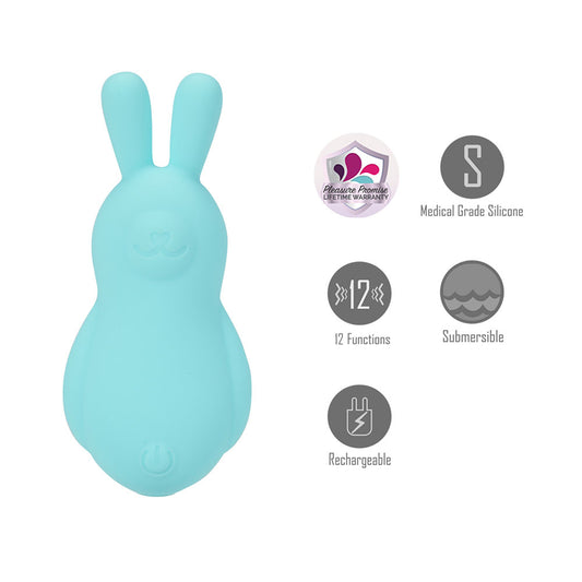 Front view of the teal Maia Bri rechargeable vibrating bunny bullet with specifications on the right on a white background | Flirty Bay, sex toys Australia
