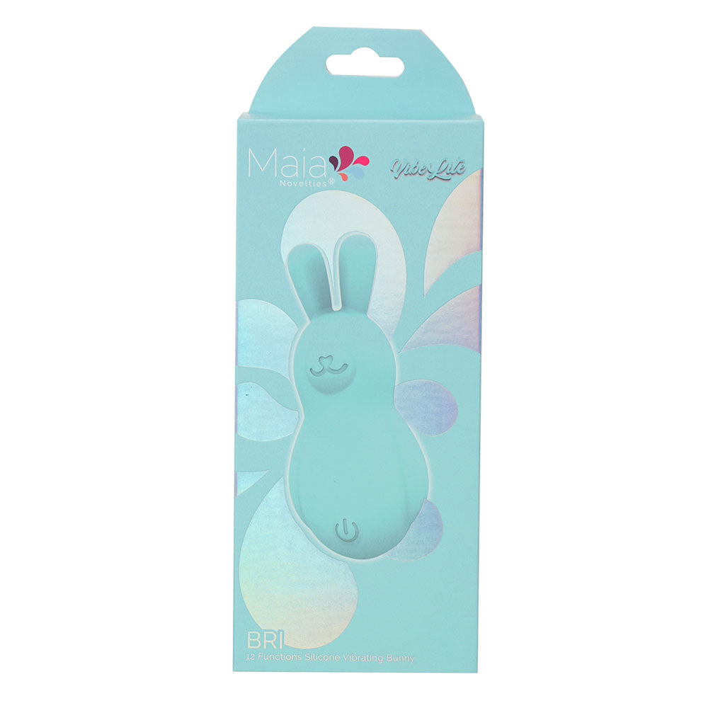 Front view of the teal Maia Bri rechargeable vibrating bunny bullet packaging on a white background | Flirty Bay, sex toys Australia