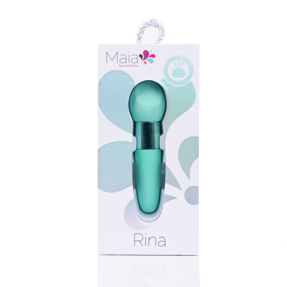 Front view of the teal Maia Rina bullet vibrator packaging on a white background | Flirty Bay, sex toys Australia