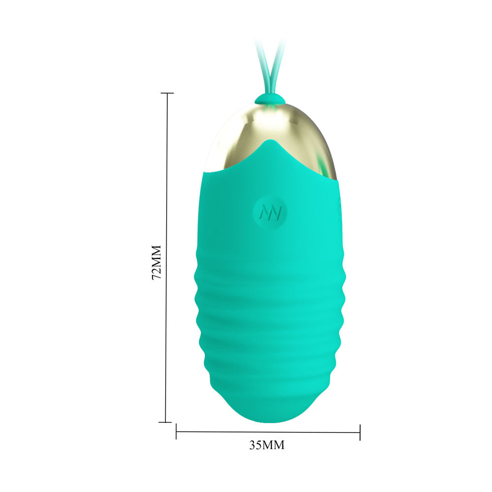 Front view of the teal Party Up Ivan egg vibrator displaying dimensions on a white background | Flirty Bay, sex toys Australia