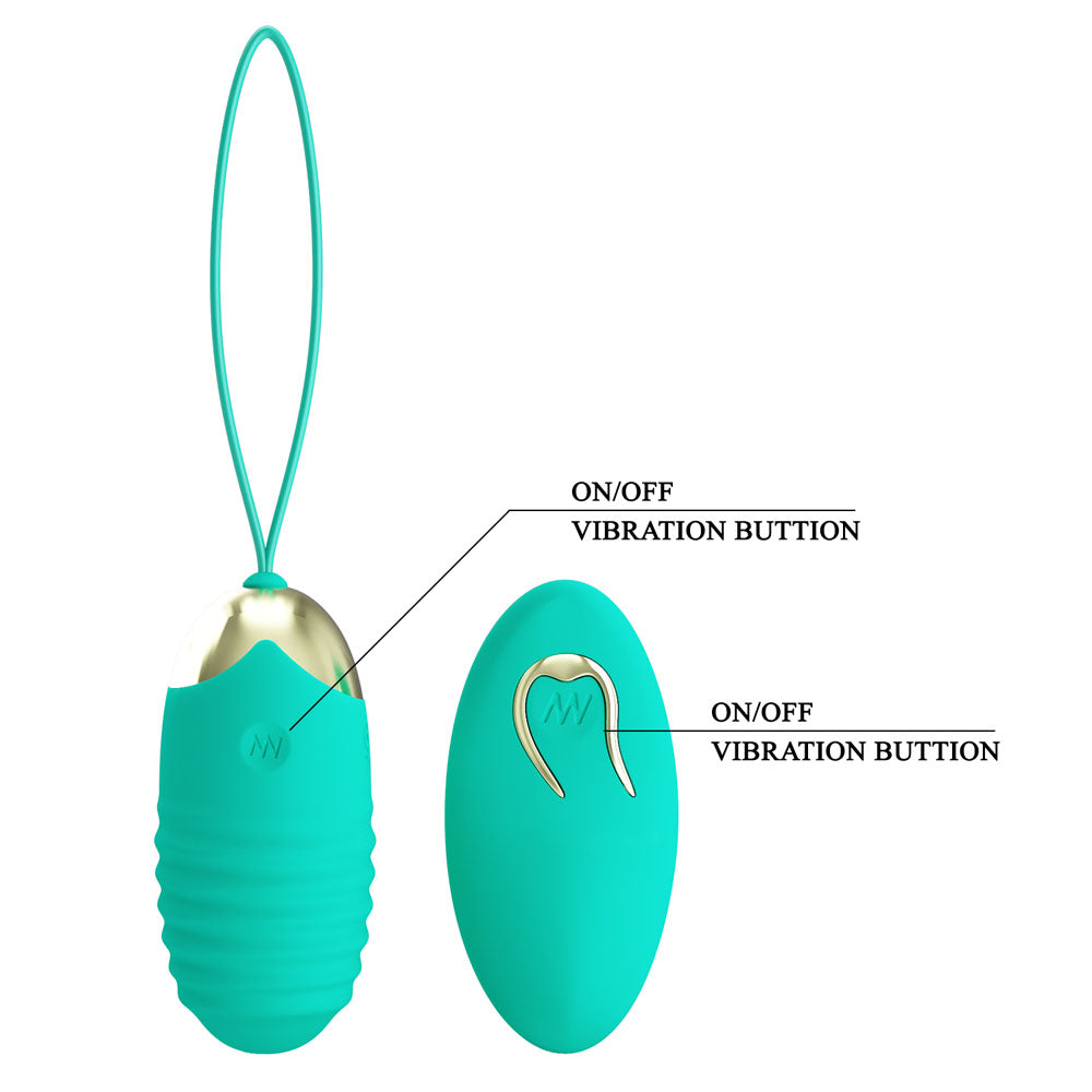 Front view of the teal Party Up Ivan egg vibrator with wireless remote on the right side showing specifications on a white background | Flirty Bay, sex toys Australia