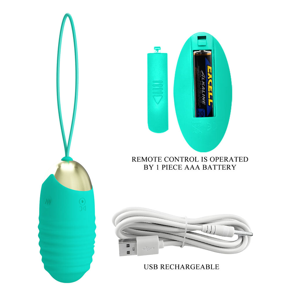Top view of the teal Party Up Ivan egg vibrator with opened wireless remote on the left and charger cable on the right on a white background | Flirty Bay, sex toys Australia
