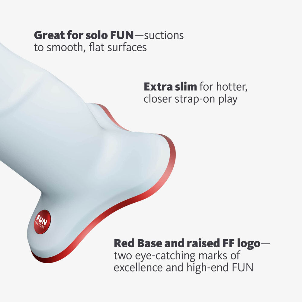 Close-up view of the Fun Factory The Boss Stub Dove Dildo 7" focusing on suction cup on white background | Flirty Bay, sex toys Australia