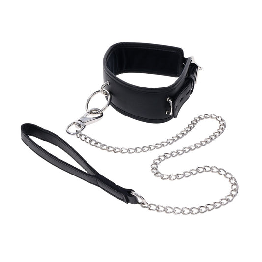 Top view of EDGE bondage collar and detachable metal leash laid out together | Flirty Bay adult toys online, best sex tools
