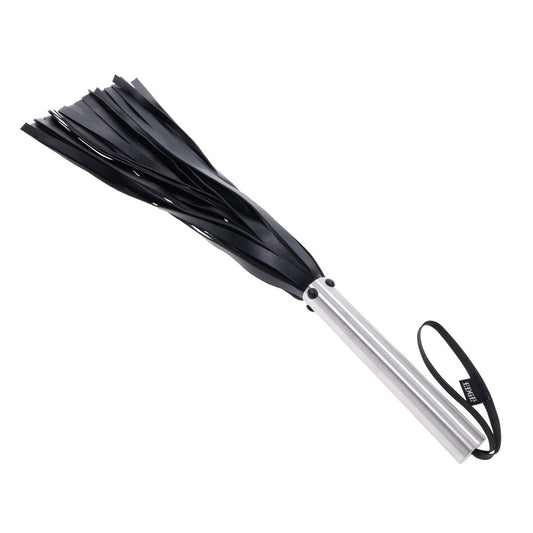 Top-down view of the EDGE Flogger whip with metal handle and faux leather falls spread out | Flirty Bay adult toys online, best sex tools
