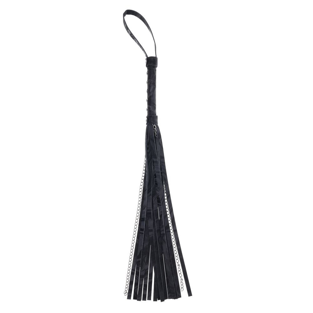 Back view of the Velvet Noir Chain Flogger showing the wrapped handle and the full length of faux leather and hematite chain tails | Flirty Bay adult toys online, best sex tools