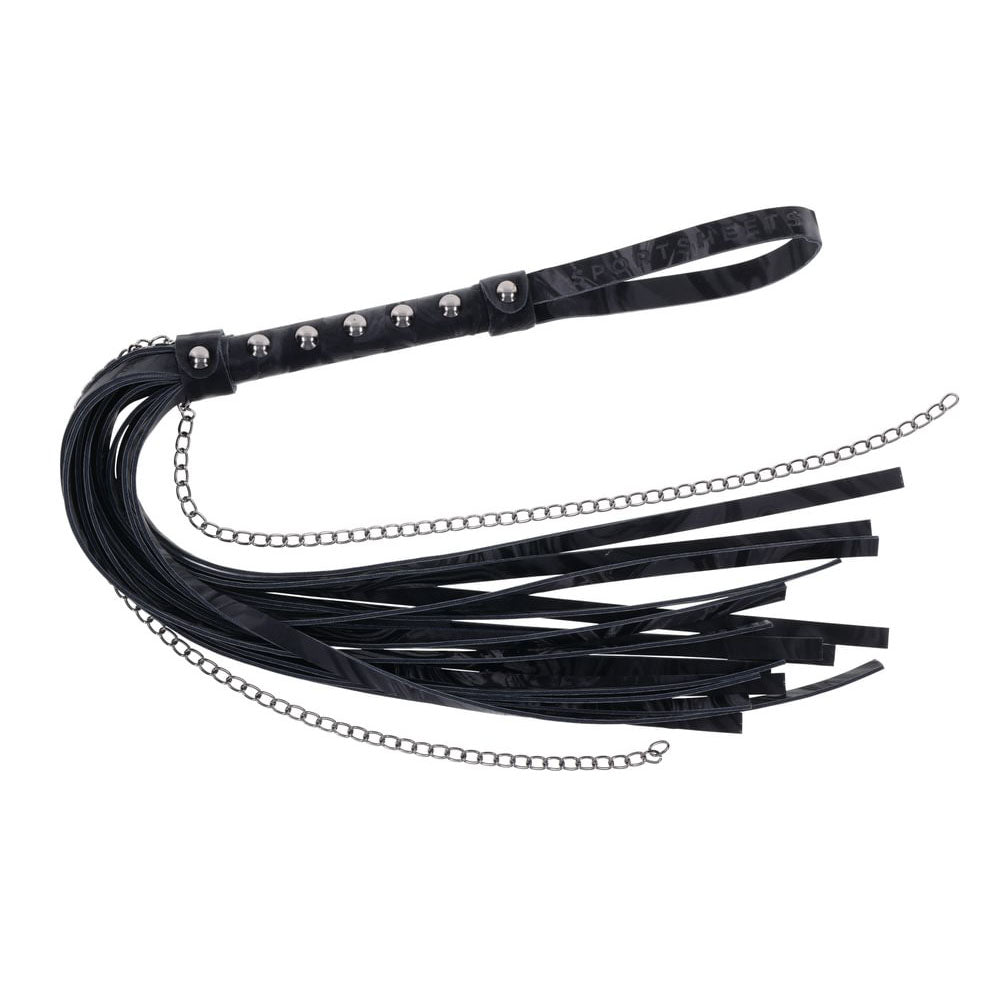 Velvet Noir Chain Flogger neatly folded, showcasing the wrapped handle and bundled tails | Flirty Bay adult toys online, best sex tools