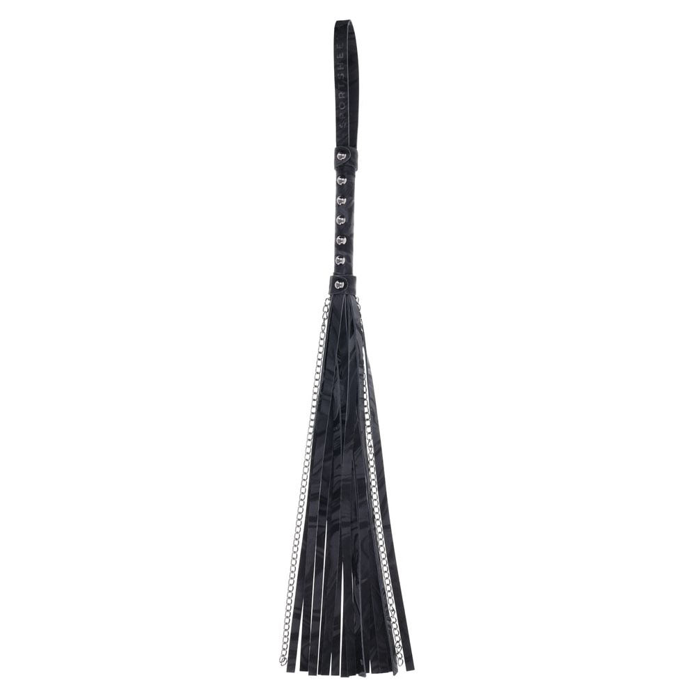 Side profile of the Velvet Noir Chain Flogger highlighting the mix of faux leather and hematite chain tails | Flirty Bay adult toys online, best sex tools