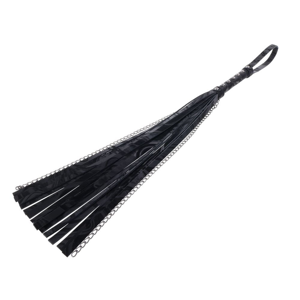 Close-up detail of the Velvet Noir Chain Flogger showing silky faux leather and hematite chain tails | Flirty Bay adult toys online, best sex tools
