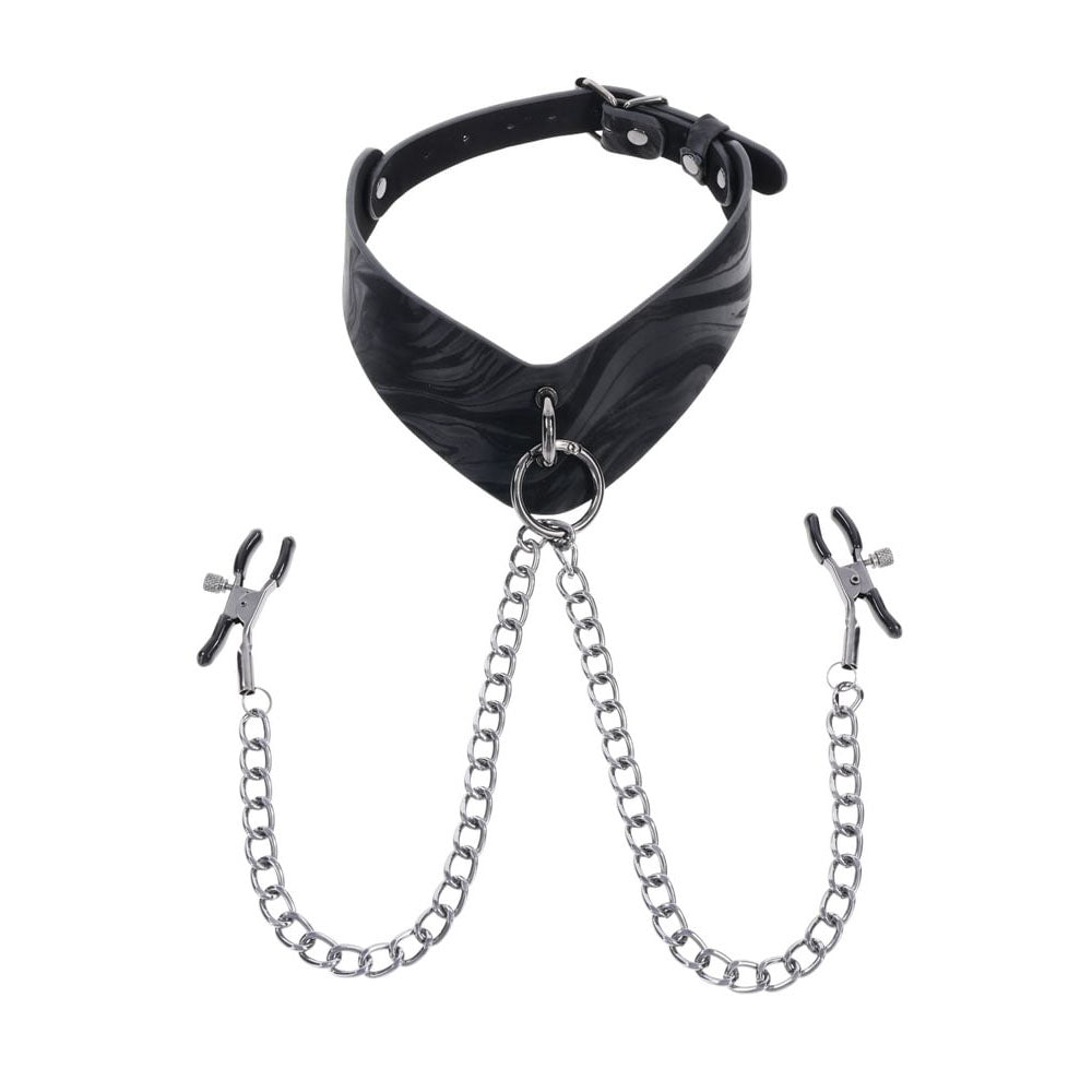Front view of the Velvet Noir Collar with removable nipple clamps attached | Flirty Bay adult toys online, best sex tools