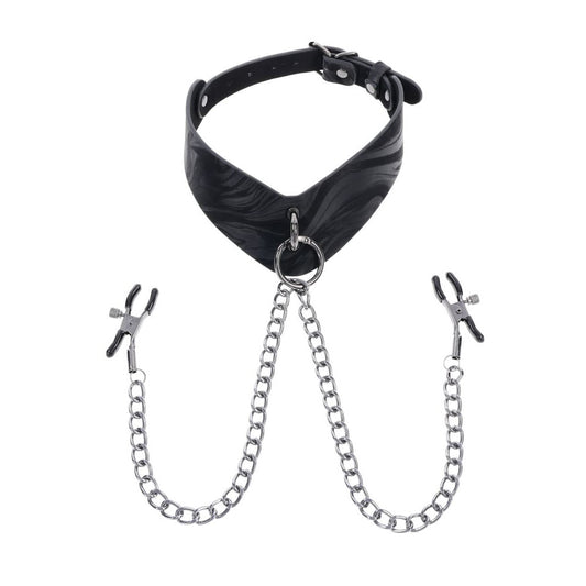 Front view of the Velvet Noir Collar with removable nipple clamps attached | Flirty Bay adult toys online, best sex tools