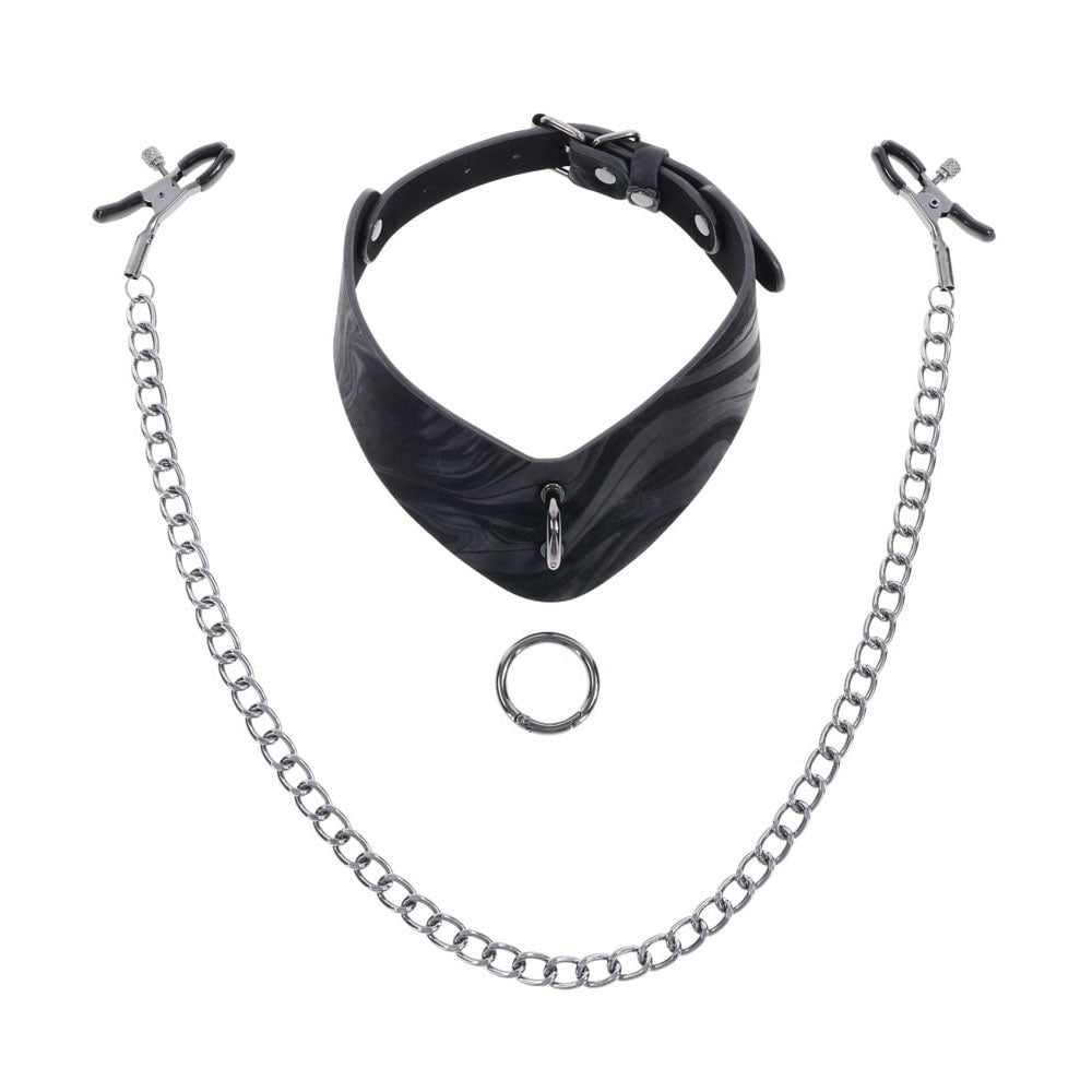 Close-up of hematite-plated ring on Velvet Noir Collar showing attachment point for clamps or leash | Flirty Bay adult toys online, best sex tools