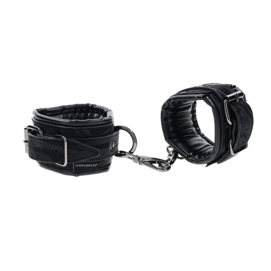Back view of BDSM handcuffs showing adjustable straps and padded interior for bondage restraint | Flirty Bay, bondage sex tools, bondage, adult store Australia.