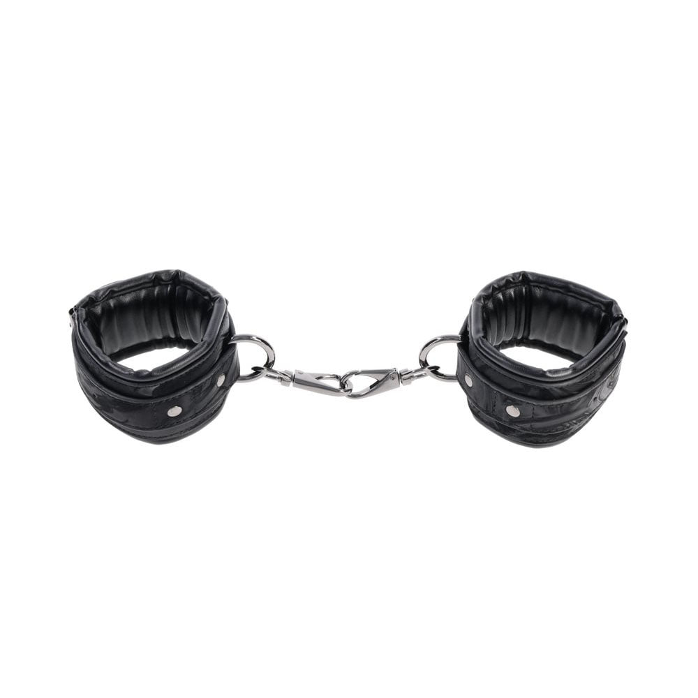 Side angle of one open and one closed kinky sex toy cuff with elegant restraint design | Flirty Bay, bondage sex tools, bondage, adult store Australia.
