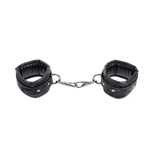 Side angle of one open and one closed kinky sex toy cuff with elegant restraint design | Flirty Bay, bondage sex tools, bondage, adult store Australia.
