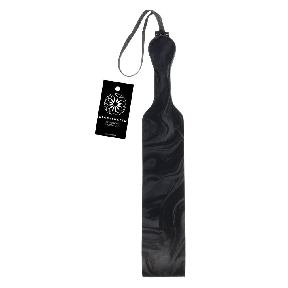 Front view of Sportsheets Velvet Noir Loop Paddle in marbled black vegan leather | Flirty Bay adult toys online, best sex tools