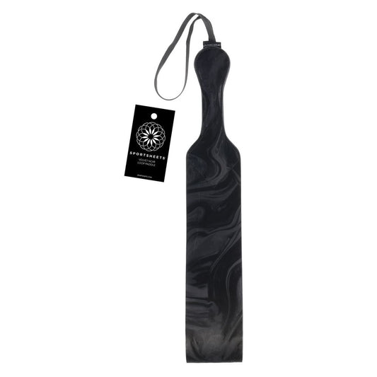 Front view of Sportsheets Velvet Noir Loop Paddle in marbled black vegan leather | Flirty Bay adult toys online, best sex tools
