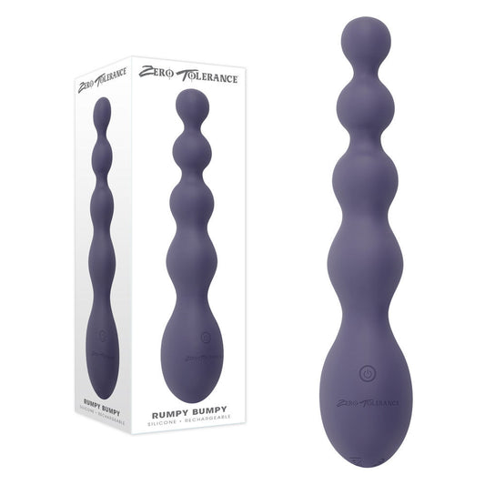 Front view of Zero Tolerance Rumpy Bumpy vibrating anal beads with retail packaging on a clean white background | Flirty Bay, anal plug adult store Australia