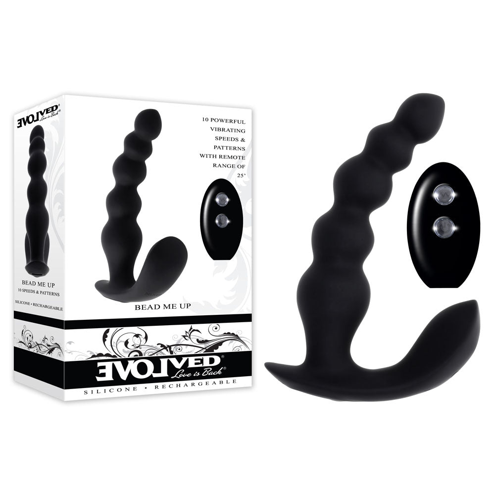 Side view of the black vibrating anal beads with wireless remote and packaging on white background, highlighting smooth silicone design | Flirty Bay, anal plug adult store Australia
