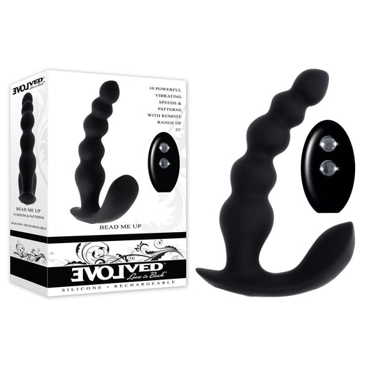 Side view of the black vibrating anal beads with wireless remote and packaging on white background, highlighting smooth silicone design | Flirty Bay, anal plug adult store Australia