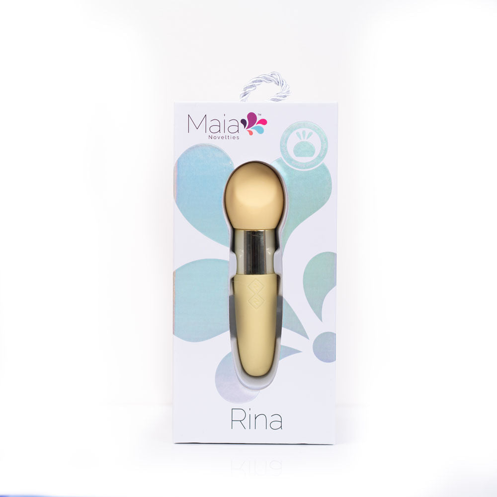Front view of the yellow Maia Rina bullet vibrator packaging on a white background | Flirty Bay, sex toys Australia
