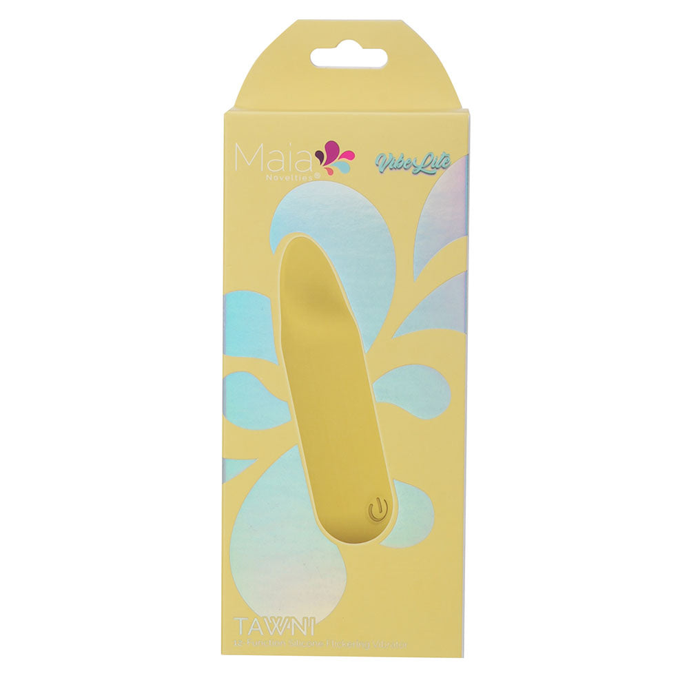 Front view of the yellow Maia Tawni bullet vibrator packaging on a white background | Flirty Bay, sex toys Australia
