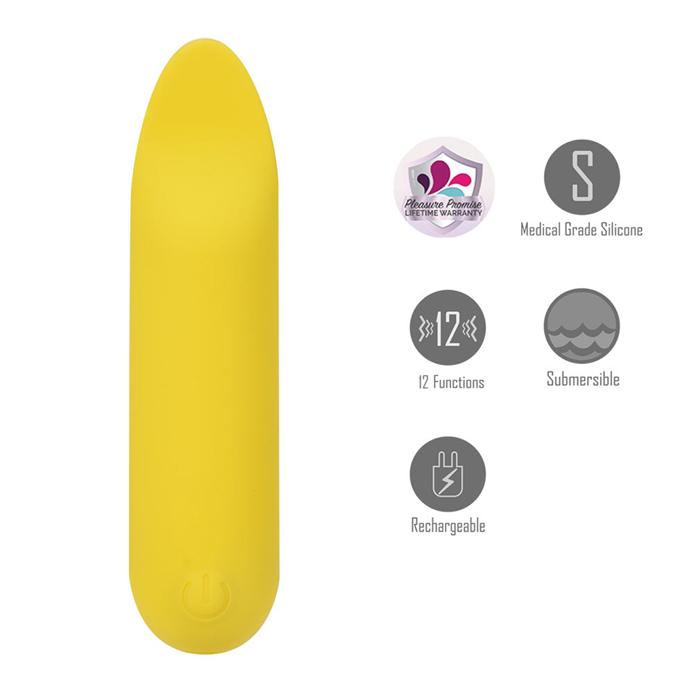 Side front view of the yellow Maia Tawni bullet vibrator showing specifications on the right side, on a white background | Flirty Bay, sex toys Australia