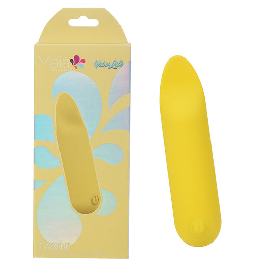 Side view of the yellow Maia Tawni bullet vibrator with packaging on the left side, on a white background | Flirty Bay, sex toys Australia