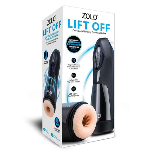 Side view of the packaging of the Black and Flesh Zolo Lift Off Vibrating and Thrusting Auto Male Masturbator on a white background | Flirty Bay Adult Store and Strokers in Perth Australia